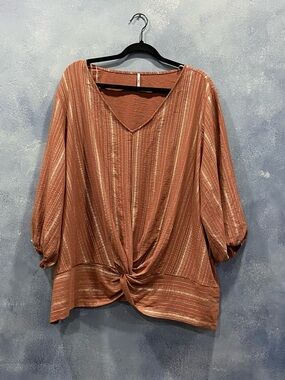 Twist-Front V-Neck Tunic in Rust with Metallic Stripe